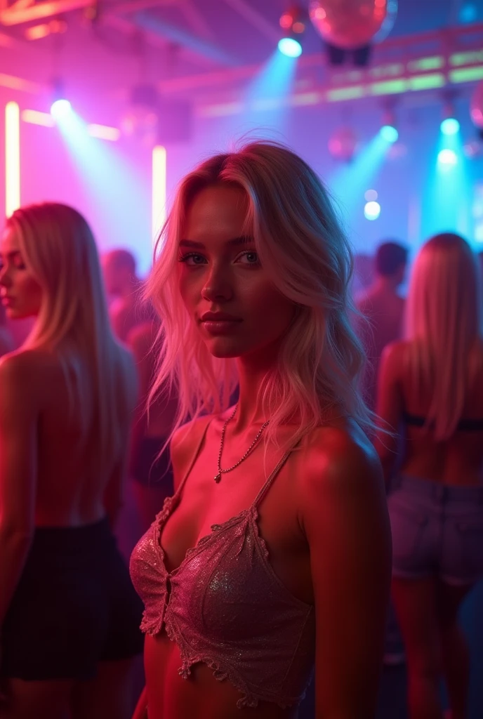 young blonde, 24 years, detailed skin, by the blondes, in a nightclub, RWA photo, super realistic...
