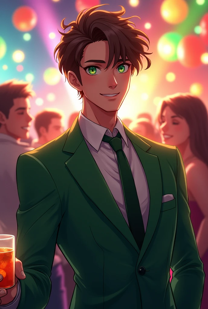 A 25-year-old anime man with brown hair styled in a sophisticated manner and green eyes, wearing a green formal suit, against a party background, holding a glass of juice in his hand. 