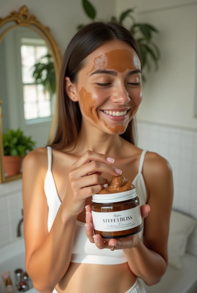 Image showing a young lady applying a coffee-based face mask.
It should be visualized that the young lady is taking the container or bottle containing the coffee-based exfoliating cream.
The young lady's face should be covered with the coffee-based exfoliating cream.