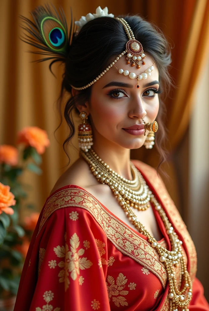 A very beautiful Indian lady in traditional attire. There is a crown on his head. She is wearing a string of pearls around her neck. He has a gajra in his hair. There is a ring on his finger. There is a beautiful white tilak on the forehead. She is wearing a nose ring or a big earring. She has a bracelet in her hand. She has a long beard. She has a peacock feather on her head.