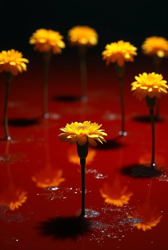 Seven yellow marigolds of Durango, only flowers at a distance from each other on the surface of a pool of blood.