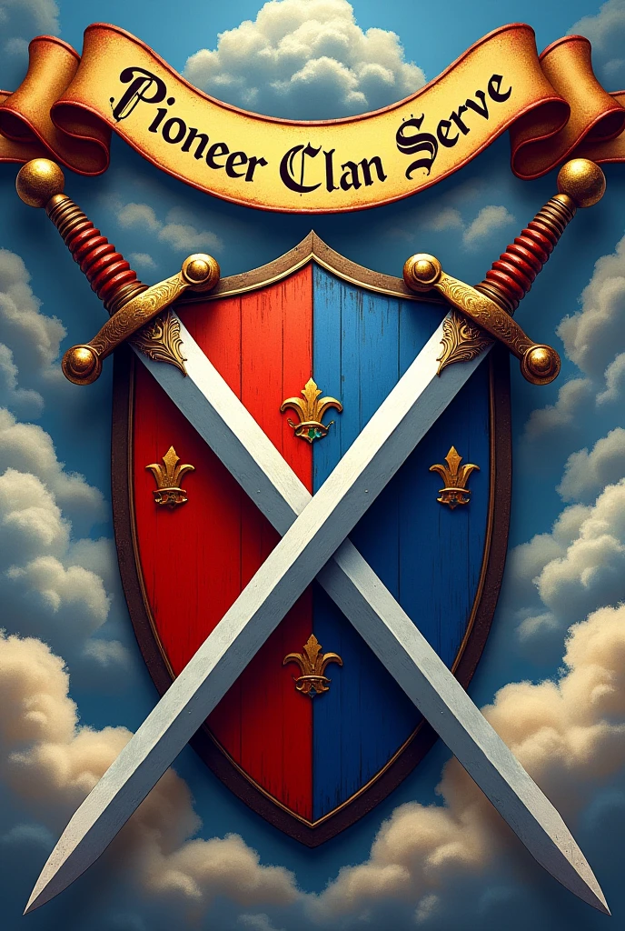 Red and blue coat of arms with swords behind the shield, Written "Pioneer Clan Serve"