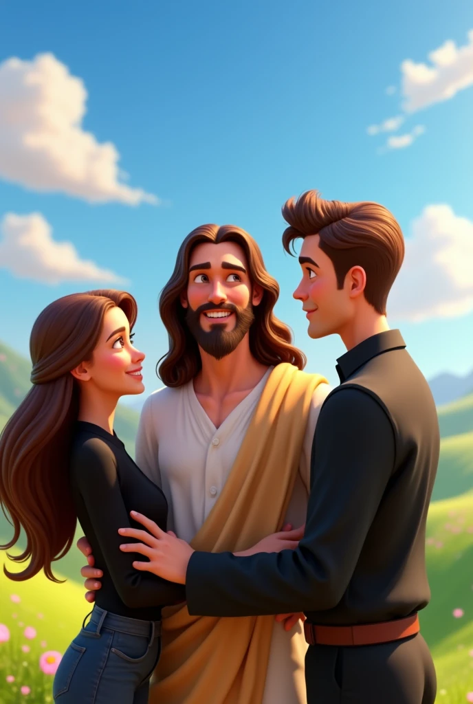 create a Disney Pixar type image with three characters hugging. the first character would be Jesus Christ, and would be in the middle of the other two, and would have brown hair, beard the color of his hair and smiling. a outra personagem seria uma jovem de with brown hair, smooth ass, eyes browns, wearing a black blouse, skin fair. The other would be a young man, with brown hair, smooth ass, hairstyle to the side, skin fair, having only a mustache, wearing a black outfit. the two would be looking at Jesus with eyes of joy and smiling.