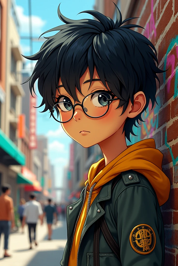 Create a drawing of a boy with black hair and black eyes, yellow skin and glasses, high, anime skinny guy