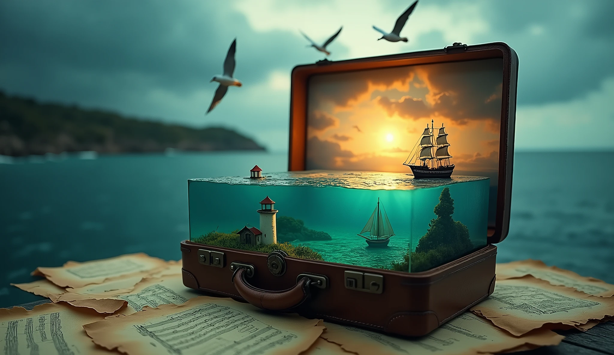 (Surreal photography:1.4) of a miniature seascape, with lighthouses and sailing ship, inside an open vintage suitcase, (underwater scene visible:1.3), dramatic clouds and seagulls, centered composition, on a table with sheet music, moody lighting, shot from a slight high angle, on a Canon EOS R5 with a 24-70mm f/2.8 lens at f/8, (high dynamic range:1.3), (teal and orange color grading:1.2), in the style of (Erik Johansson:1.4) and (Vladimir Kush:1.3)
