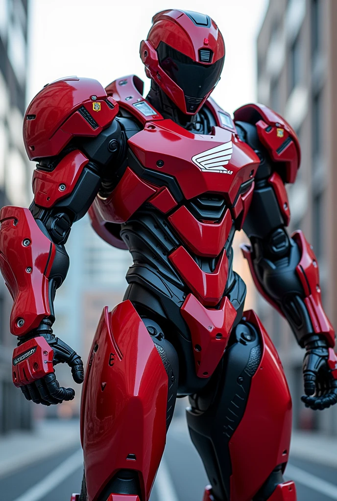 Imagine a red and white armored android, Honda's signature colors. Robust and large. full body. on his chest, features the Honda logo engraved in metal. Its armor has aerodynamic lines and details reminiscent of the brand's motorcycles, like the design of their racing motorcycle wings. It wears a helmet with a visor that displays battle data and statistics. Its arms end in mechanical hands with integrated tools and weapons, inspired by Honda's innovative technologies.