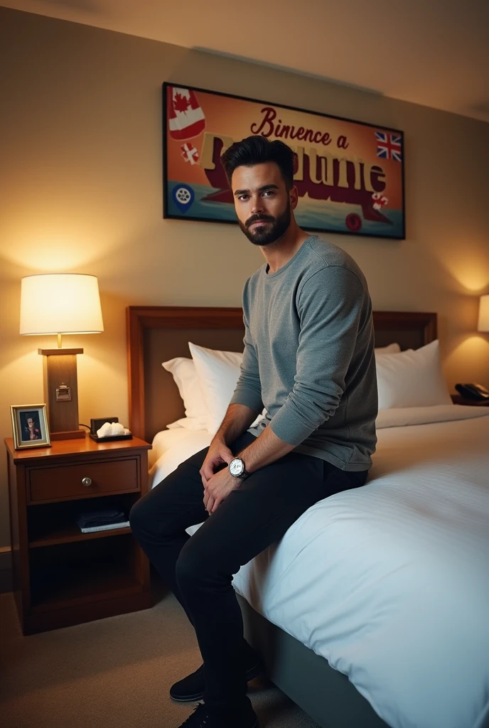 Homme caucasien grand de taille, charmant, un peu costaud, habillé en pantalon et tee-shirt manche longue, assis ou adossé sur une table dans une grande chambre d'hôtel et sur la table sur laquelle est assis ou adossé le charmant homme il faut qu'il y ait un papier mouchoir déjà utilisé sur la table et sur le lit de l'hôtel qu'il soit déposer un cadre photo grand ou moyen qu'il est possible de faire arrêter sur le lit et faire face à la caméra et sur le mur du chevet du lit un tableau sur lequel il est écrit en français : Bienvenue à Melbourne AUSTRALIE et autour de la phrase qu'il y ait les emblèmes du Canada Québec ou le drapeau du Canada Québec