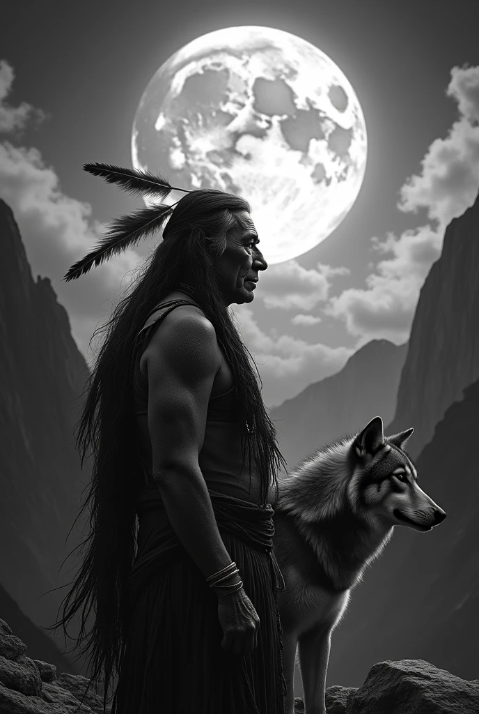 create a monochrome image in high deficiencies of an old Sioux Indian with some feathers in his hair, a wolf and mountains in the background, a full moon and some clouds in the sky, dramatic image, 4k, shaman