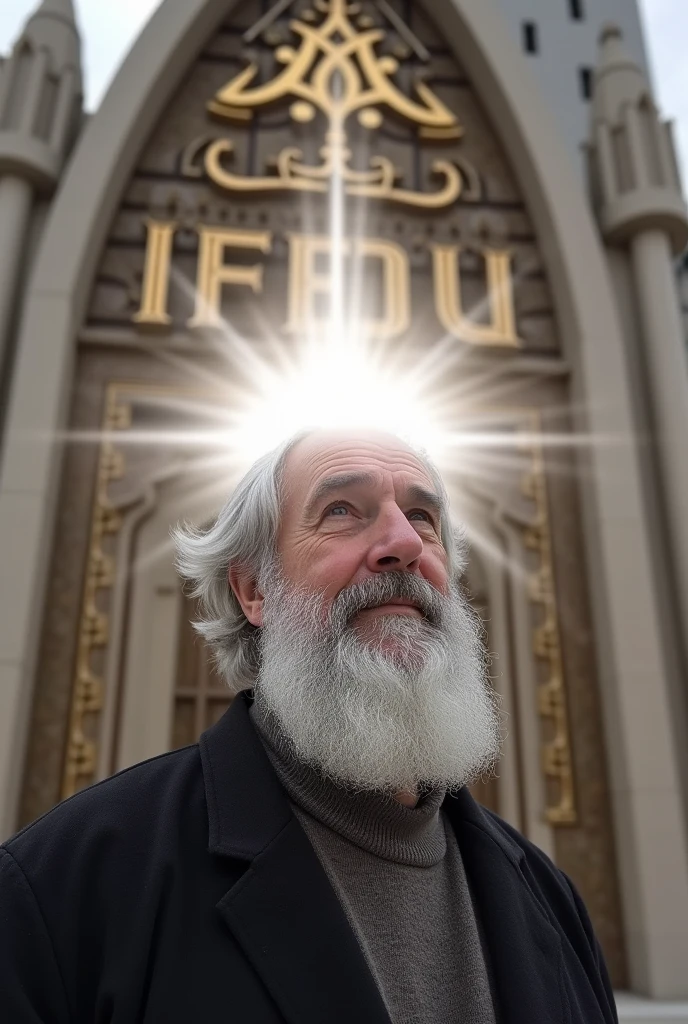 Man with a white aura on his head , very wise , hair grey, a little beard only on the face and behind it his new temple called the church of the faith eduardona of the last days, I need you to put the initials of the temple above the church, IFEDU, It can't be a church, it's just a temple