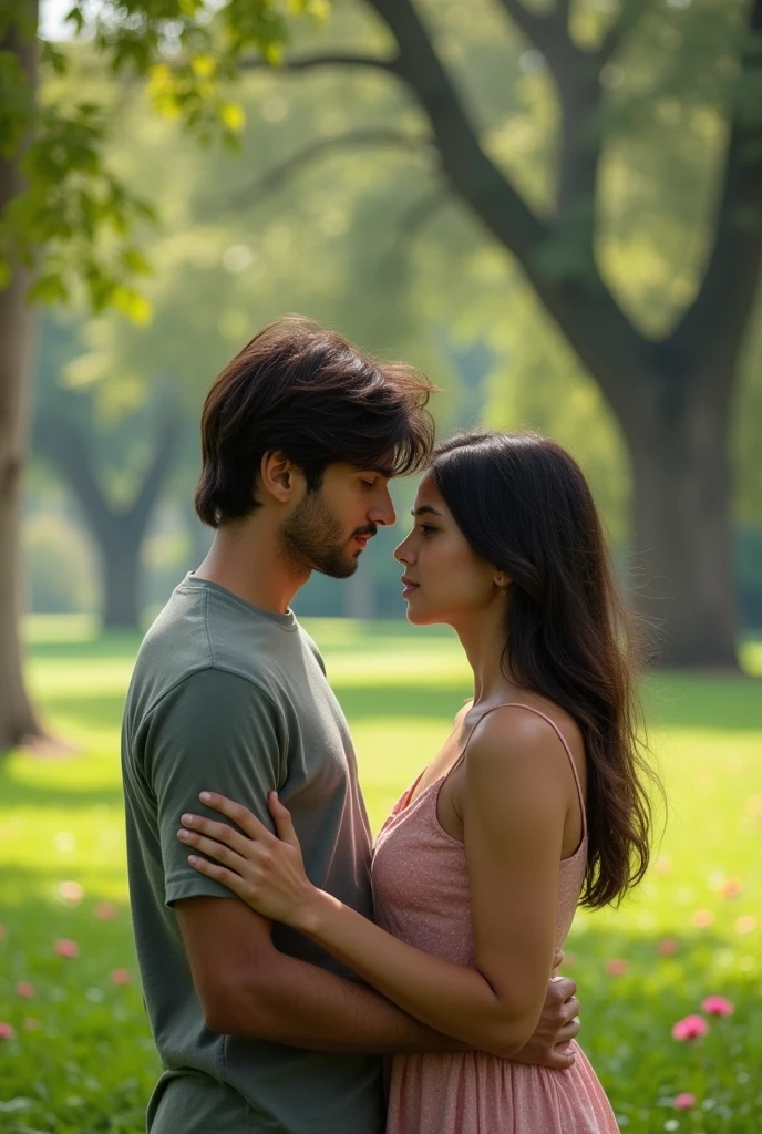 A 21 years old indian handsome boy with medium long hair and little muscular seating with his 20 years old beautiful and fair indian girlfriend and both are standing together in a indian park. And they should not smile 