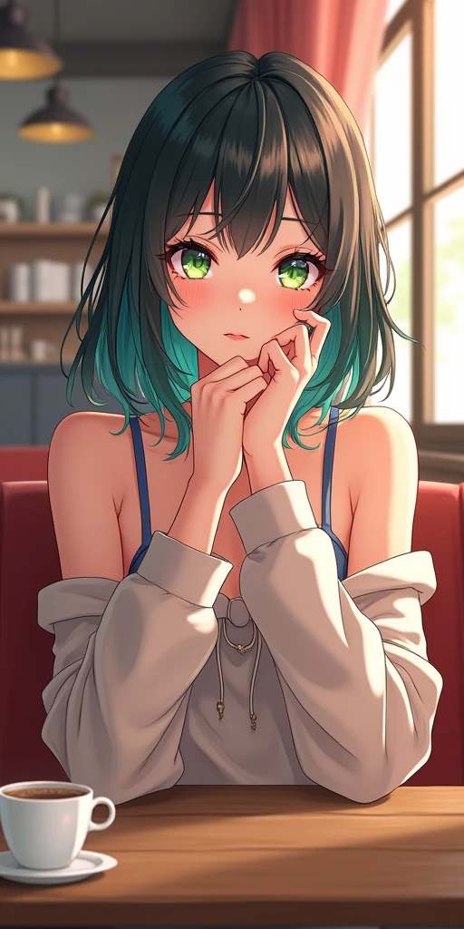 (best quality, ultra-detailed, photorealistic: 1.39), bright and vibrant colors, studio lighting, romantic expression, An effeminate girl, with a delicate and beautiful face. She is a girl who reflects seductive beauty, sparkling green eyes, Women's sweatpants, strap blouse, she is a beautiful and charming woman, multicolored sparkling hair, elegant and shy pose, in the cafeteria, sitting, table in front, she is in love, anime style, Anime Bishoujo