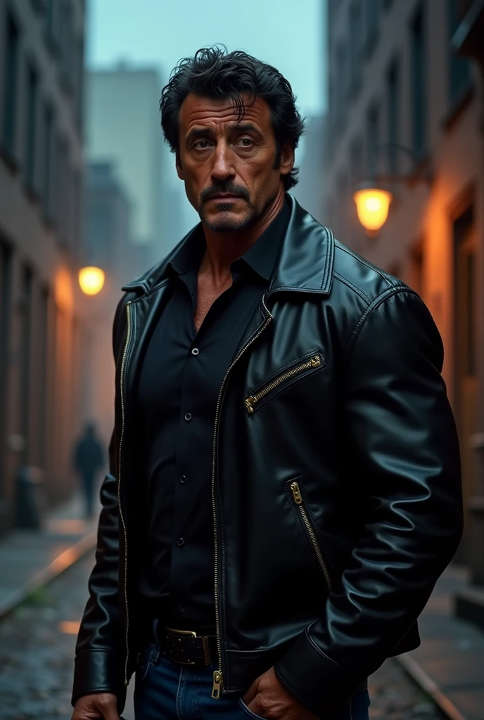 Sylvester Stallone in a black jacket