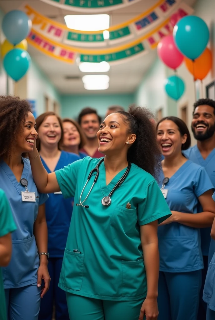 Create an image with many doctors in a hospital that says Happy Dominican Doctor's Day  
