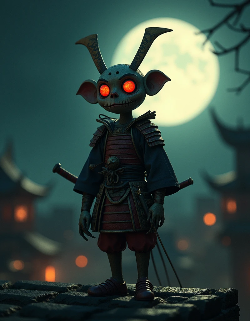 A creepy fairy tale puppet SAMURAI cartoon character Carlson on a dark, shadowy rooftop, (best quality,4k,8k,highres,masterpiece:1.2),ultra-detailed,(realistic,photorealistic,photo-realistic:1.37),HDR,UHD,studio lighting,extremely detailed,vivid colors,eerie atmosphere,dark white tone,gritty and grainy,horror,concept art,by charlie bowett,albert joseph penaud,dariusz zawadzki,tetsuya ishida,zdzislaw beksinski,patrizia piccinini,mark powell,sven 37