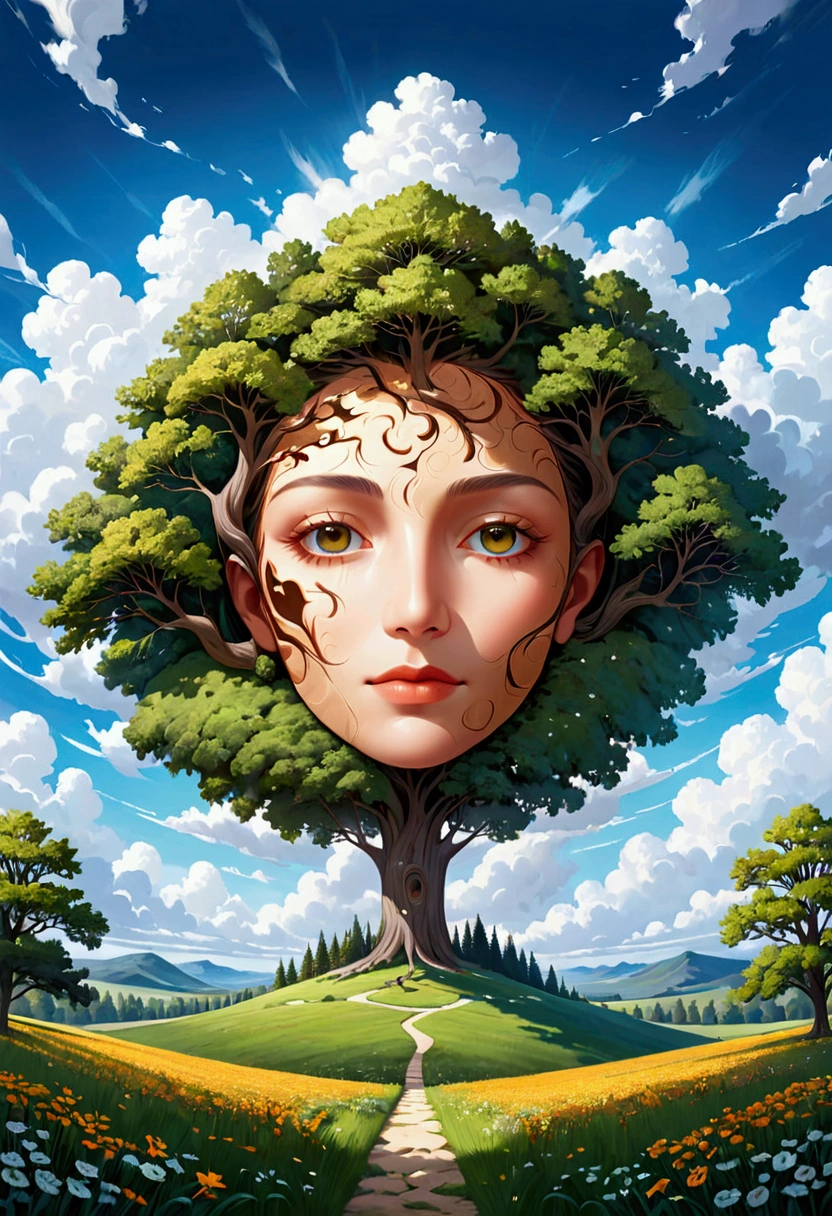 creating an optical illusion of a face hidden within the landscape of trees and clouds