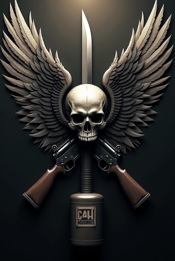 Create a logo, whose main figure, it will be a skull, with a knife that pierces it from top to bottom. the right side, will have an angel's wing, on the left a demonic wing. In the back of the image, You will find a HK416 rifle and a HK417 rifle forming an X. Finally, In the front of the skull, You will see a C4 charge