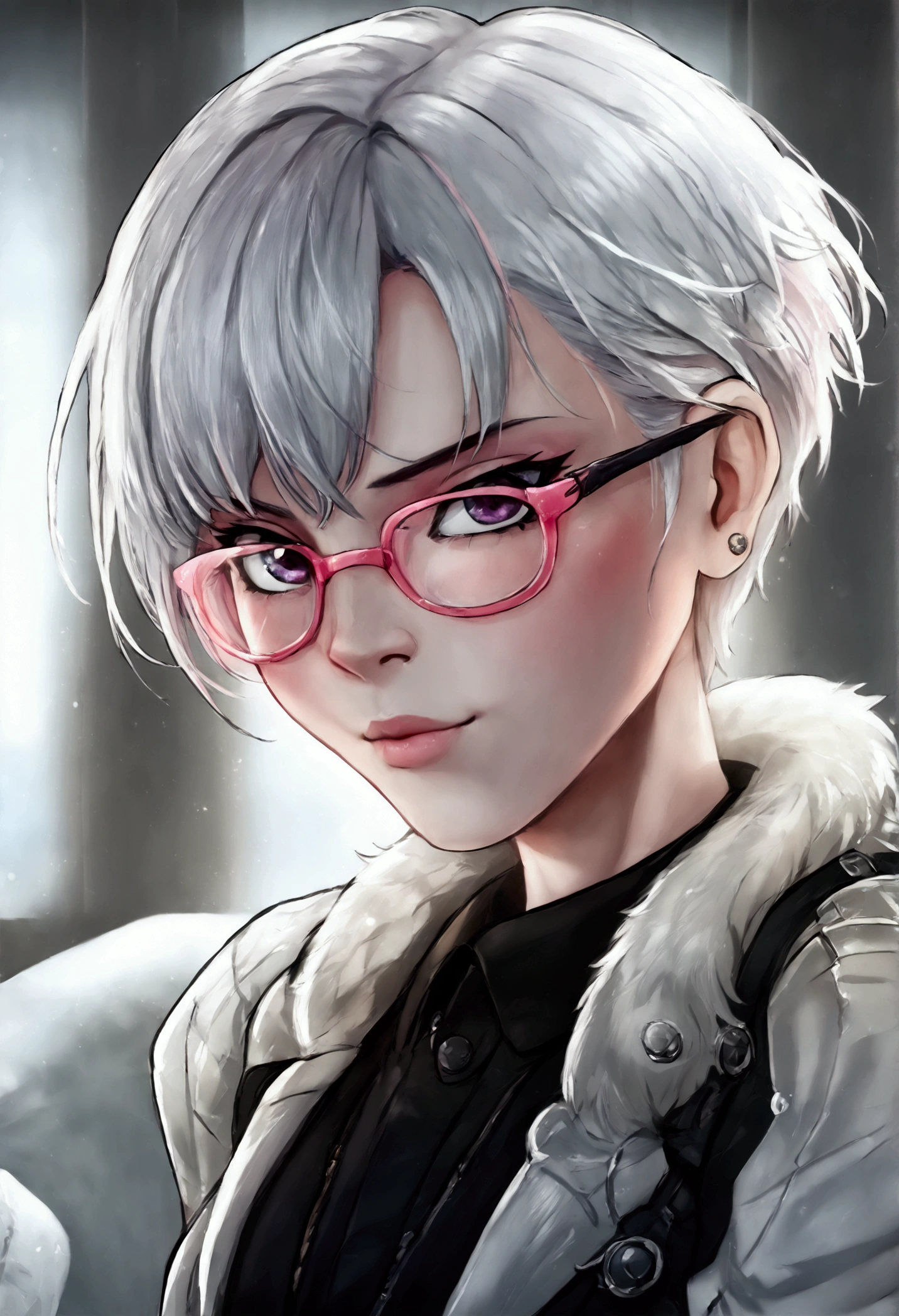 (Best quality)) ((best detail)) ((high quality background)) white short hair, white pale skin, pink glasses with black frames, , a jacket wide open, Long penis