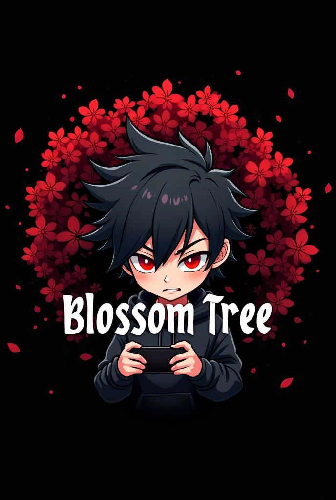 logo ,Blossom tree theme , White font , black background , Blood red colour , Anime boy involved , black Spiky hair , black hoodie , red eyes , narrowed eye , chibi version , playing mobile game
