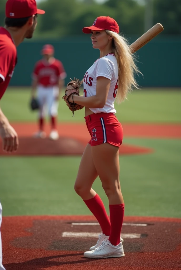 Magnificent detail, 8K Photos, hyper- realism, realistic background, visual depth, wide angle lens, professional light, pov male pitcher (pitcher) {The scene shows a woman batter (batter) In the baseball game, blonde white skin beautiful focused in the background of the photo, segurando o toco In the baseball game, Waiting for the pitch, of a pitcher. Behind him is another man, the receiver (catcher) in the playing position, but looking lovingly at the batter.} {The batter is wearing a small, tight red shorts highlighting her beautiful legs, wearing a white baby-doll style Los Angeles Angels shirt, that highlights his well-defined abdomen and perfectly large breasts.} {O cenário é um campo In the baseball game e as 3 pessoas estão posicionadas de acordo com a regra e demarcações oficiais do beisebol.}