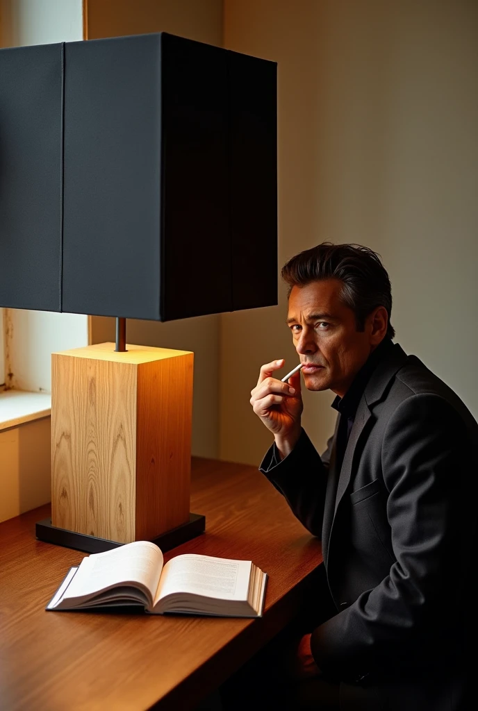 A wooden square lampshade with a black, rectangular shade, on a table, light from the window, Alain Delon, a famous French actor, smokes a cigarette.