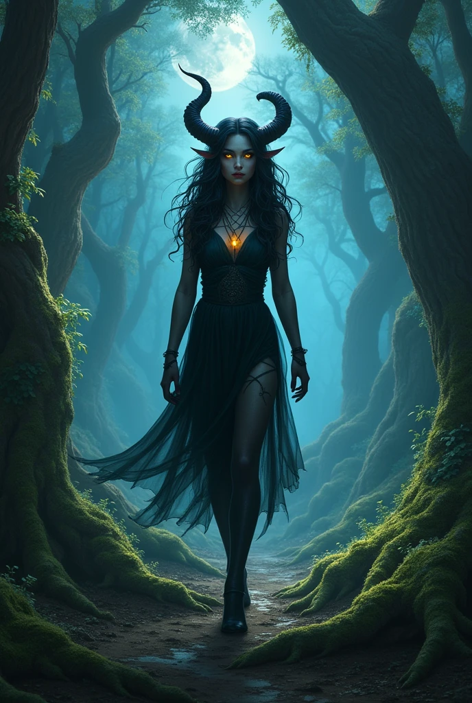 A tiefling with golden eyes, curly hair and black horns, one of which is broken.
