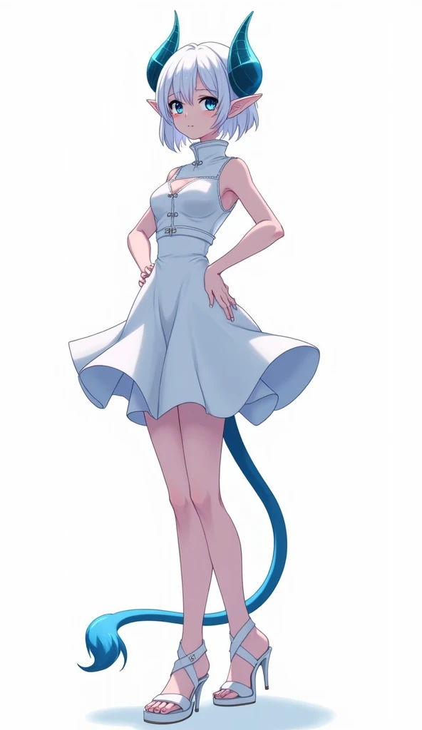 score_9, score_8_up, score_7_up,((best quality)), absurdnes, ((best quality)), CoquelinePXL, 1 femboy, feminine male, adult, 20 years old, black pupil, glowing blue iris, black sclera, blue skin, short white peekaboo style hair, pointy elf ears, bluish-black short demon horns, azure blue demon tail, white empire waist dress, mini skirt, sleeveless, turtle neck, solid white background, solo, hand on waist, looking at viewer, big ass, flat chest, no clevage, anime inspired art