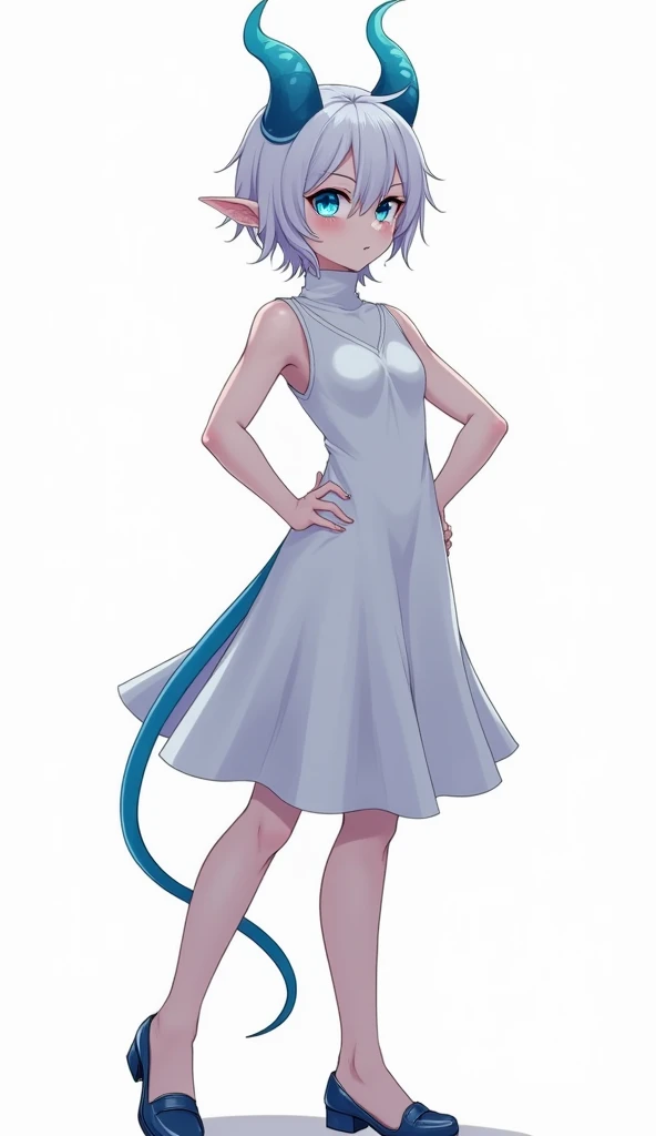 score_9, score_8_up, score_7_up,((best quality)), absurdnes, ((best quality)), CoquelinePXL, 1 femboy, feminine male, adult, 20 years old, black pupil, glowing blue iris, black sclera, blue skin, short white peekaboo style hair, pointy elf ears, bluish-black short demon horns, azure blue demon tail, white empire waist dress, mini skirt, sleeveless, turtle neck, solid white background, solo, hand on waist, looking at viewer, big ass, flat chest, no clevage, anime inspired art