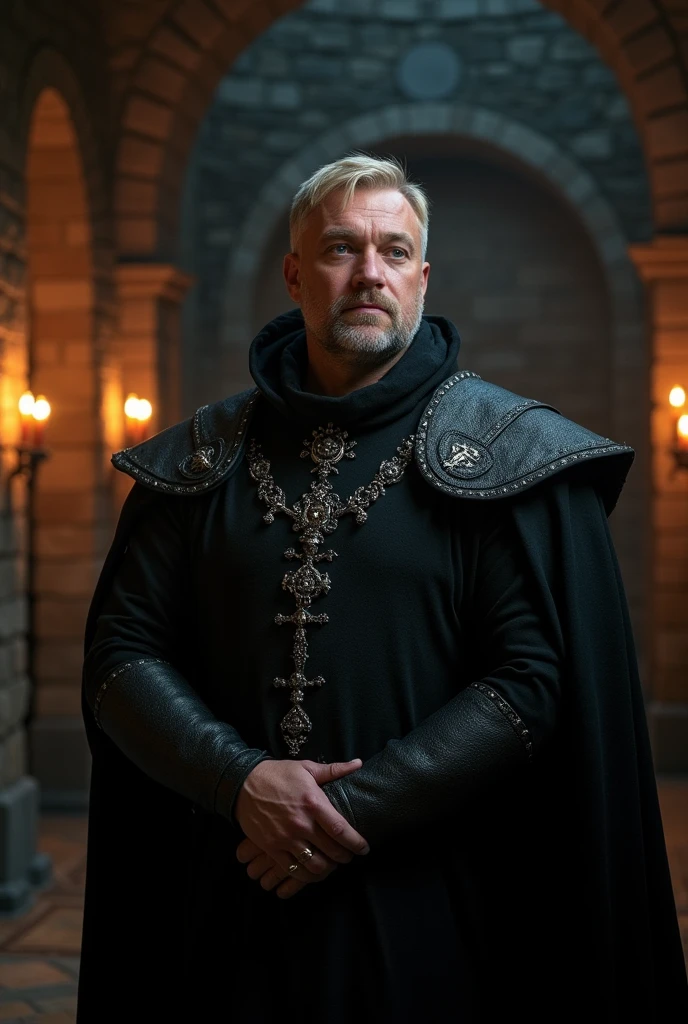 41-year-old blond man with light blue eyes and a large nose, in black medieval clothes, with a serious expression on his face, robust, cold and calculating, With tidy hair 