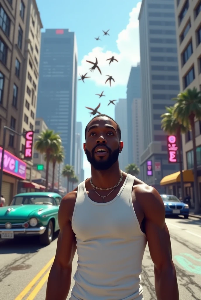 Black man in white tank top,cj do gta, surprised by a mod