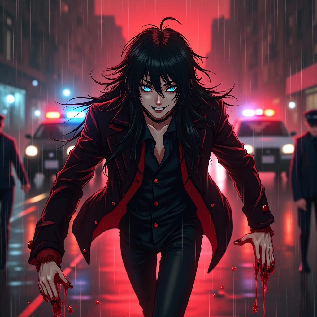 A young sexy male with delicate facial features, long black hair, teal blue eyes, long eyelashes, and gothic black and red clothes. He's a long-wanted serial killer. ((((scary)))) Blood. malicious, insane expression. No facial or body hair. Anime. ((((((((Male, boy)))))))) (Horror) BITCH, MAKE IT MALE. Cops are trying to catch after him. Running. Raining. Vampire. Dark. Red highlights. Red sky. Mysterious. Midnight. Cartoon. Police ran after him. Smirking. Bloody. Red highlights. Red. Blood pouring down. Police cars. Guns. Sirens. Anime style. Horror.