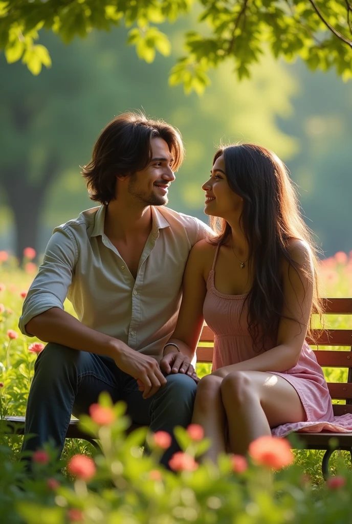 A 21 years old indian handsome boy with medium long hair and little muscular seating with his 20 years old beautiful and fair indian girlfriend and both are standing together in a indian park. And they should not smile 