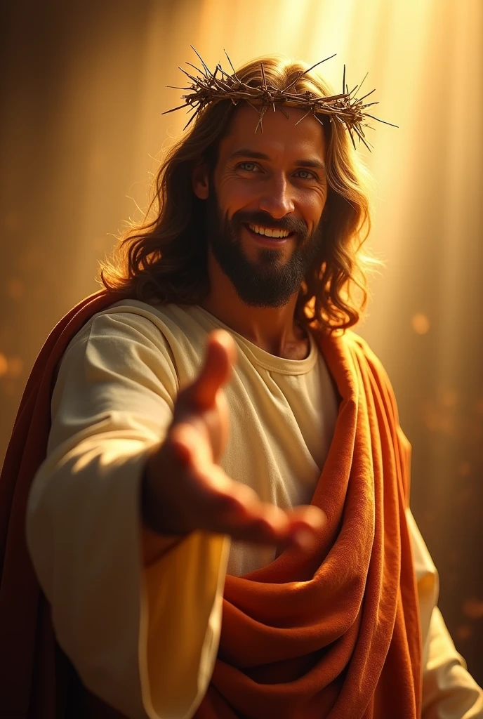 "Jesus Christ wearing a crown of thorns, with a warm and gentle smile on His face, reaching out His hand as if inviting or calling. His expression is full of love and kindness, radiating a welcoming and compassionate presence. The background is softly illuminated with a gentle light, enhancing the feeling of divine invitation and warmth."