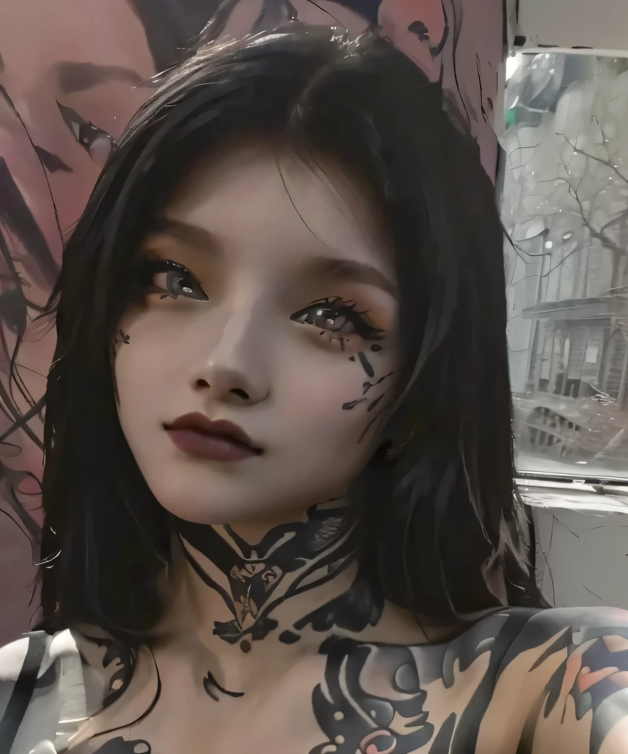 arafed woman with a tattoo on her chest taking a selfie, 1 7 - year - old goth girl, she is about , she is about 2 0 years old, she is about 20 years old, very very low quality picture, 19-year-old girl, profile image, leaked photo