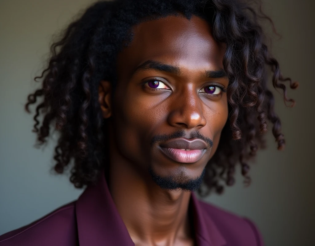 headshot of a very tall French-Nubian featured male model, relaxed waves parted to the side hair, toned body, ebony skin, vibrant purple eyes, tall thin toned body. Kind expression. Wearing brown and purple clothes.