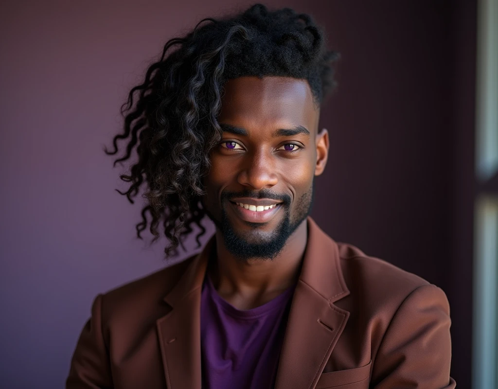 headshot of a very tall French-Nubian featured male model, relaxed waves parted to the side hair, toned body, ebony skin, vibrant purple eyes, tall thin toned body. Kind expression. Wearing brown and purple clothes.