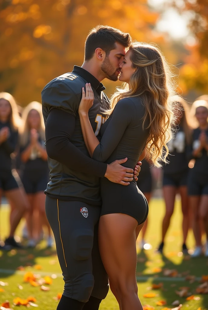 Beautiful completely naked barefoot plump young woman twerking her big butt in front of muscular handsome young football quarterback. Football player in uniform. Woman completely ?????. a football stadium. Plump woman