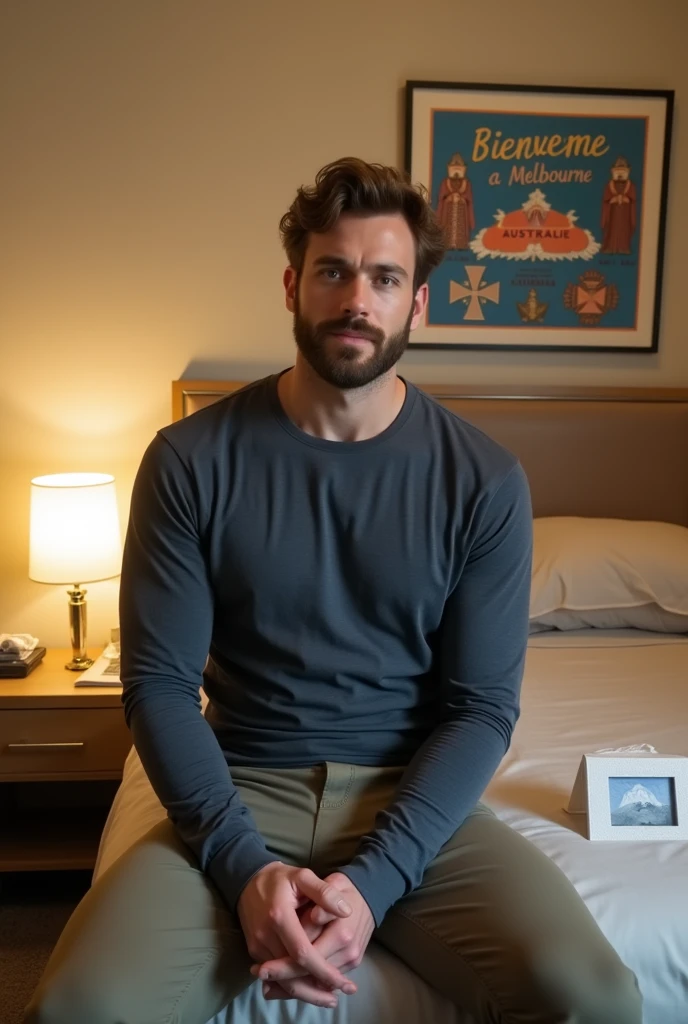 Homme caucasien grand de taille, charmant, un peu costaud, habillé en pantalon et tee-shirt manche longue, assis ou adossé sur une table dans une grande chambre d'hôtel et sur la table sur laquelle est assis ou adossé le charmant homme il faut qu'il y ait un papier mouchoir déjà utilisé sur la table et sur le lit de l'hôtel qu'il soit déposer un cadre photo grand ou moyen qu'il est possible de faire arrêter sur le lit et faire face à la caméra et sur le mur du chevet du lit un tableau sur lequel il est écrit en français : Bienvenue à Melbourne AUSTRALIE et autour de la phrase qu'il y ait les emblèmes du Canada Québec ou le drapeau du Canada Québec