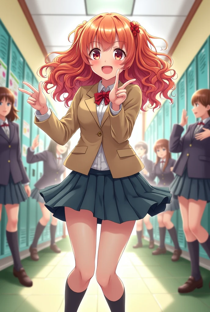 Girl with curly hair wearing a school uniform, anime style
