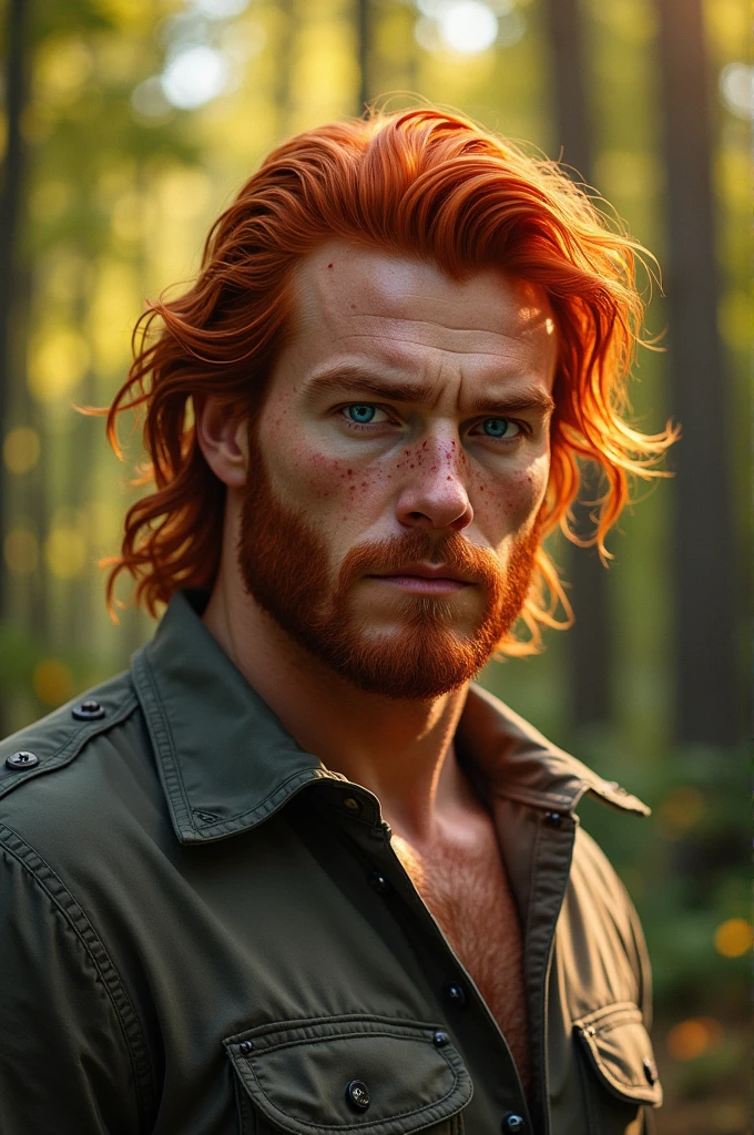 big and strong man, redhead with very blue eyes, with freckles on his face, handsome and serious.
