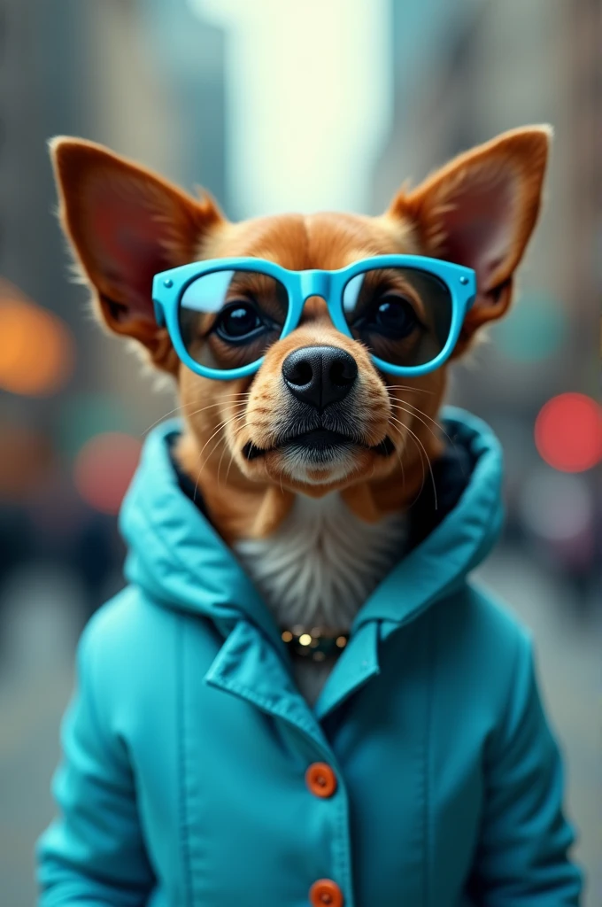 The best cell phone wallpaper, Award-Winning Wallpaper, portrait photography, In the front view is a portrait of a cute dog wearing mid-1960s space age fashion, Side view photo, Shot with Canon EOS R5, Set a strong contrast that accentuates the subject, Fluorescent blue tone, Wearing a very modern coat and sunglasses is a modern 1960s style, Clothes all in one color, beautiful background