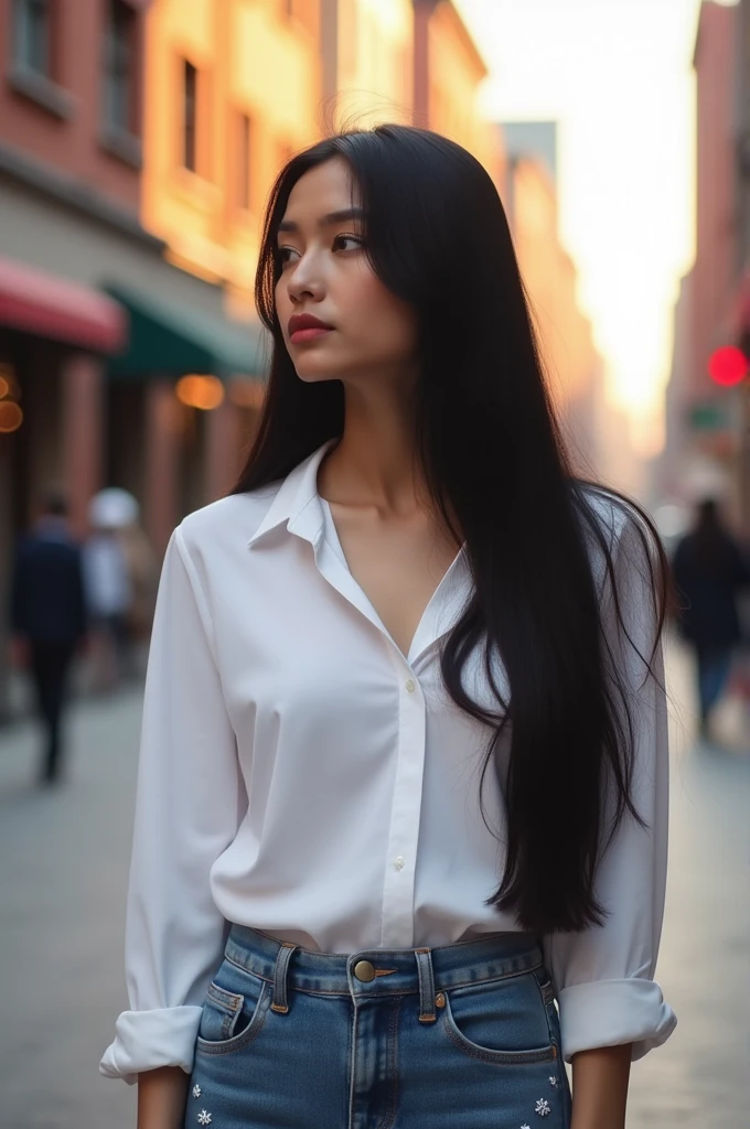 black long straight black hair, white blouse, jeans with white dots