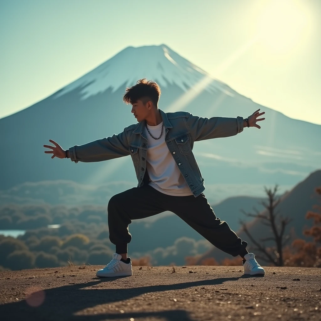 Japanese Bboy dressed in hip hop clothes, performing a breakdance freeze in front of Mount Fuji, with the volcano in sharp focus and the background blurred, creating a cinematic atmosphere. The bboy's pose should convey strength and dynamism, contrasting with the serenity of the mountain. dramatic lighting, with sun rays hitting the bboy and Mount Fuji, Enhancing the Scene. Visual Style: アニメ, cinematographic, realisitic.