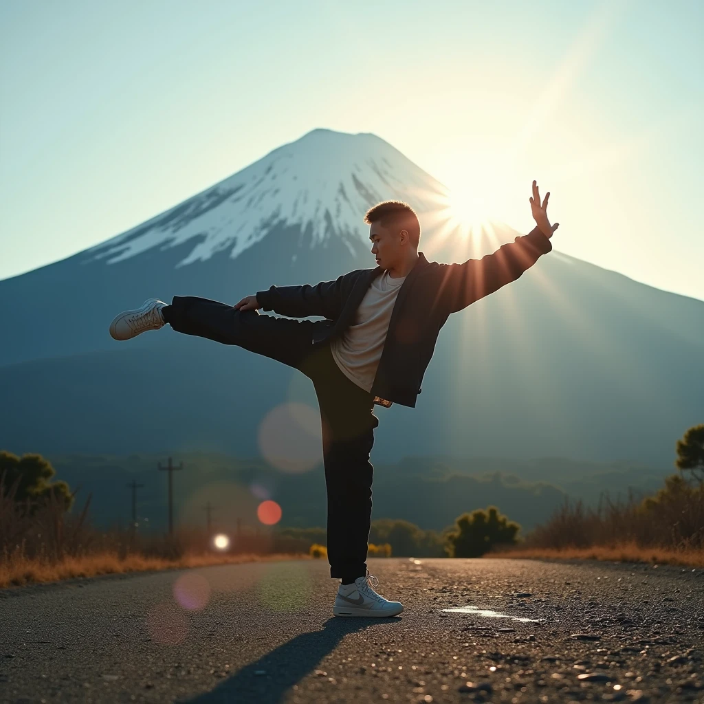 Japanese Bboy dressed in hip hop clothes, performing a breakdance freeze in front of Mount Fuji, with the volcano in sharp focus and the background blurred, creating a cinematic atmosphere. The bboy's pose should convey strength and dynamism, contrasting with the serenity of the mountain. dramatic lighting, with sun rays hitting the bboy and Mount Fuji, Enhancing the Scene. Visual Style: アニメ, cinematographic, realisitic.