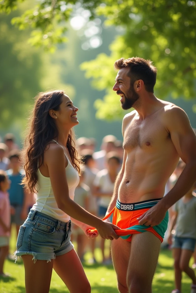 A woman is astonished as a man pulls down his pants.