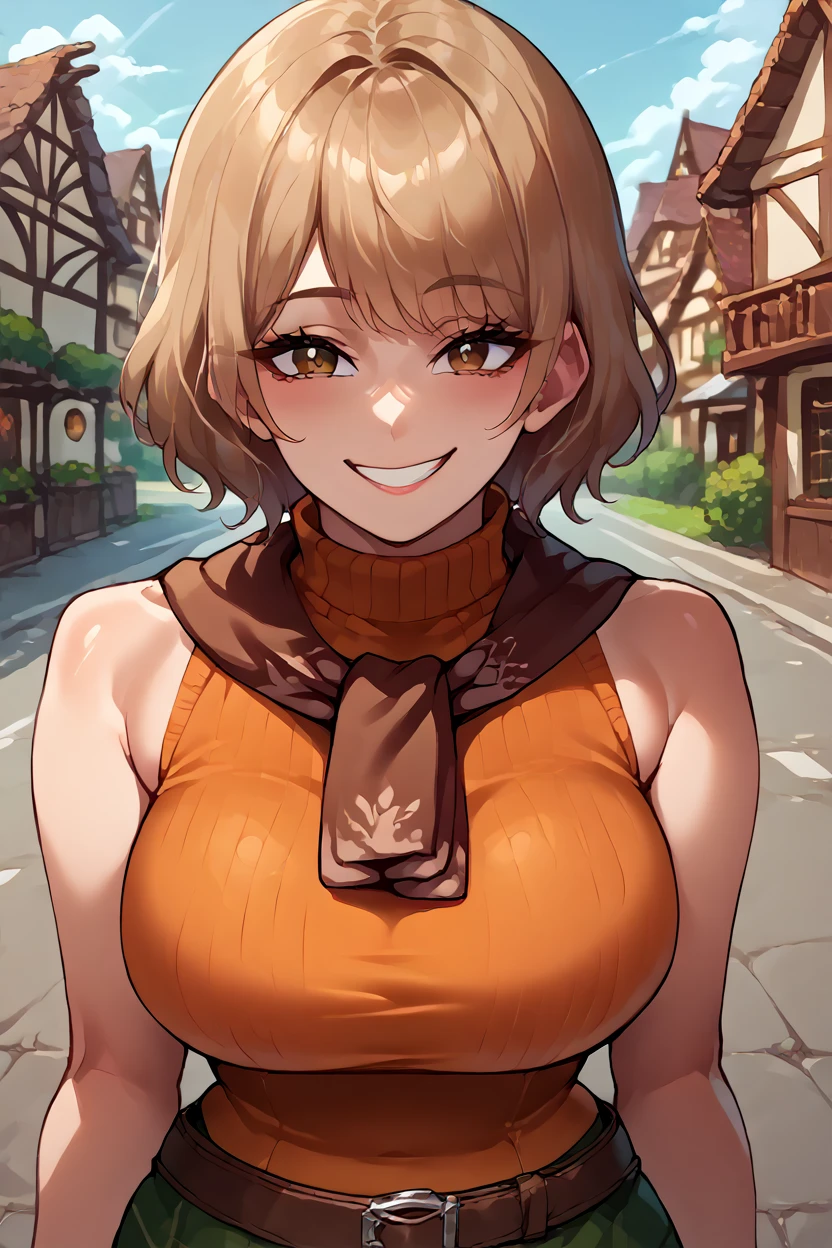 score_9, score_8_up, score_7_up, score_6_up, source_anime BREAK 1girl  reAshley, brown eyes, bangs, red scarf, orange sweater, sleeveless turtleneck, green miniskirt, belt, pantyhose, (big breasts:0.7), looking at you, smile, upper body, village, rustic, gray sky, cute, pose