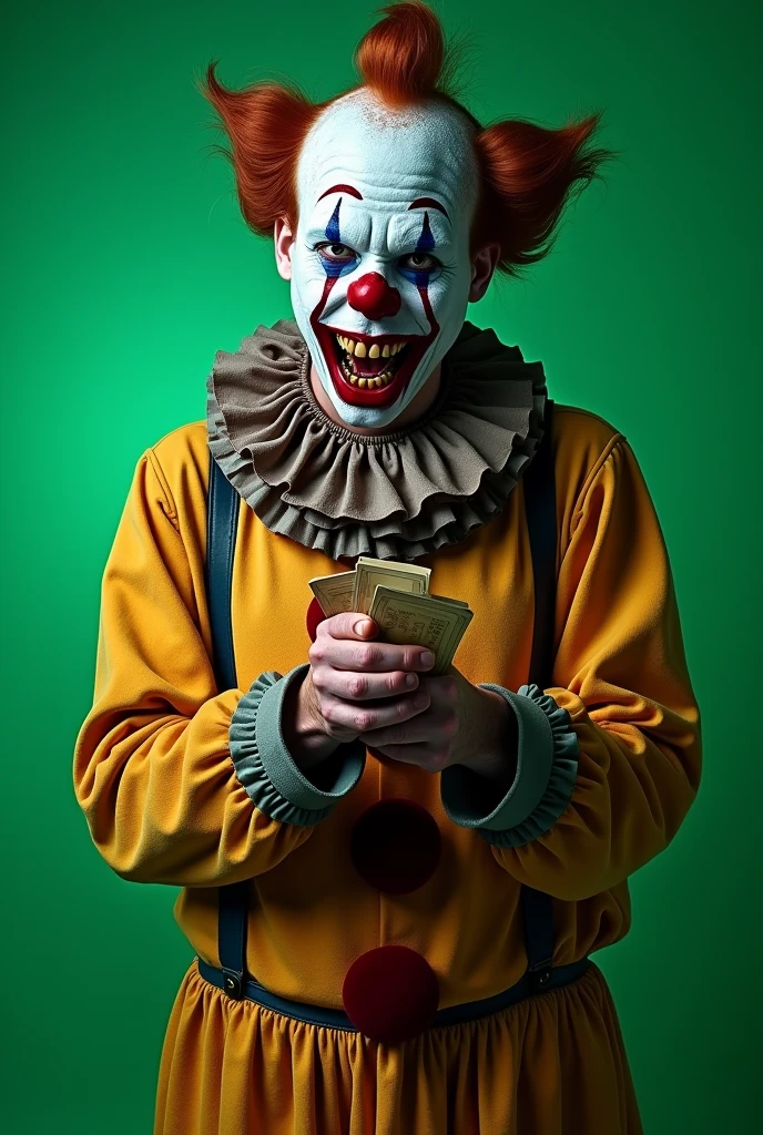 A 45-year-old man dressed as a scary clown, with smudged makeup, sharp teeth, blood splatters on his face, and blood-stained clown clothes, holding tickets in his hand, with a sad expression, against a green chroma key background