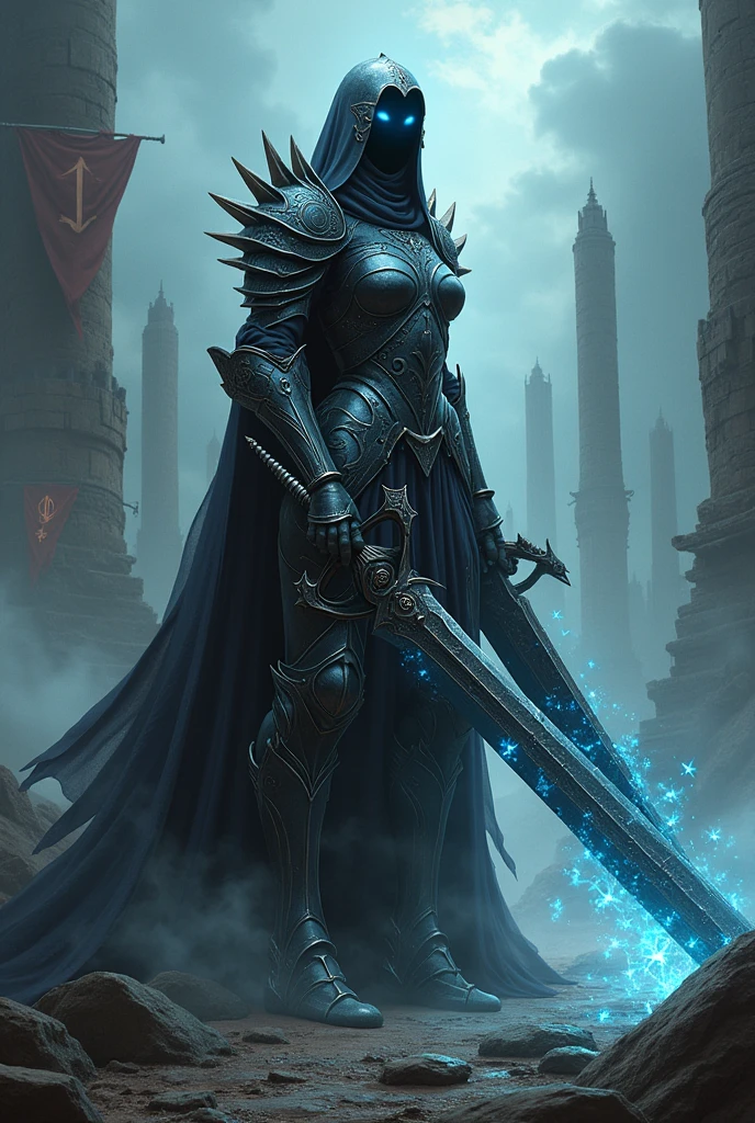 Make a woman in death knight armor, holding a sword