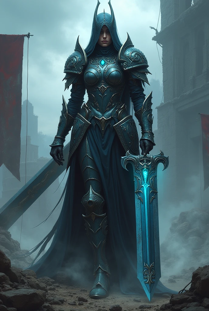 Make a woman in death knight armor, holding a sword