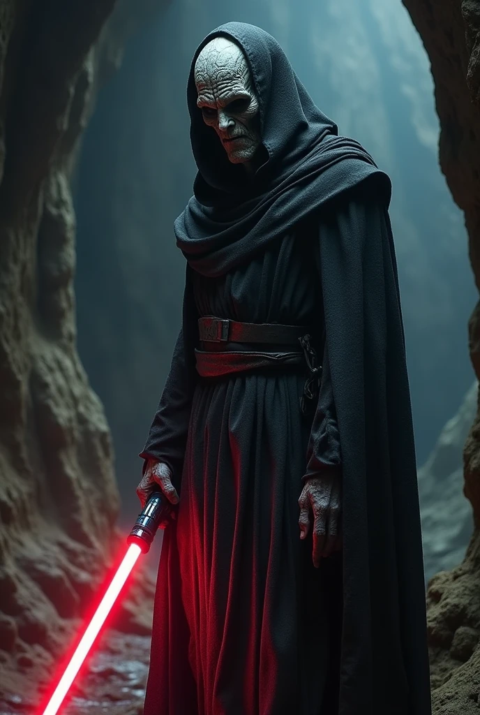 Person, Darth Nith from Star Wars, he has no nose, has black eyes, grey old skin Full of scars, he is tall nur very thin, has a scary face full of scars, scary, wears a dirty black cape , has a dark red lightsaber with dark blue hilt, the background is a dark cave, ultra realistic