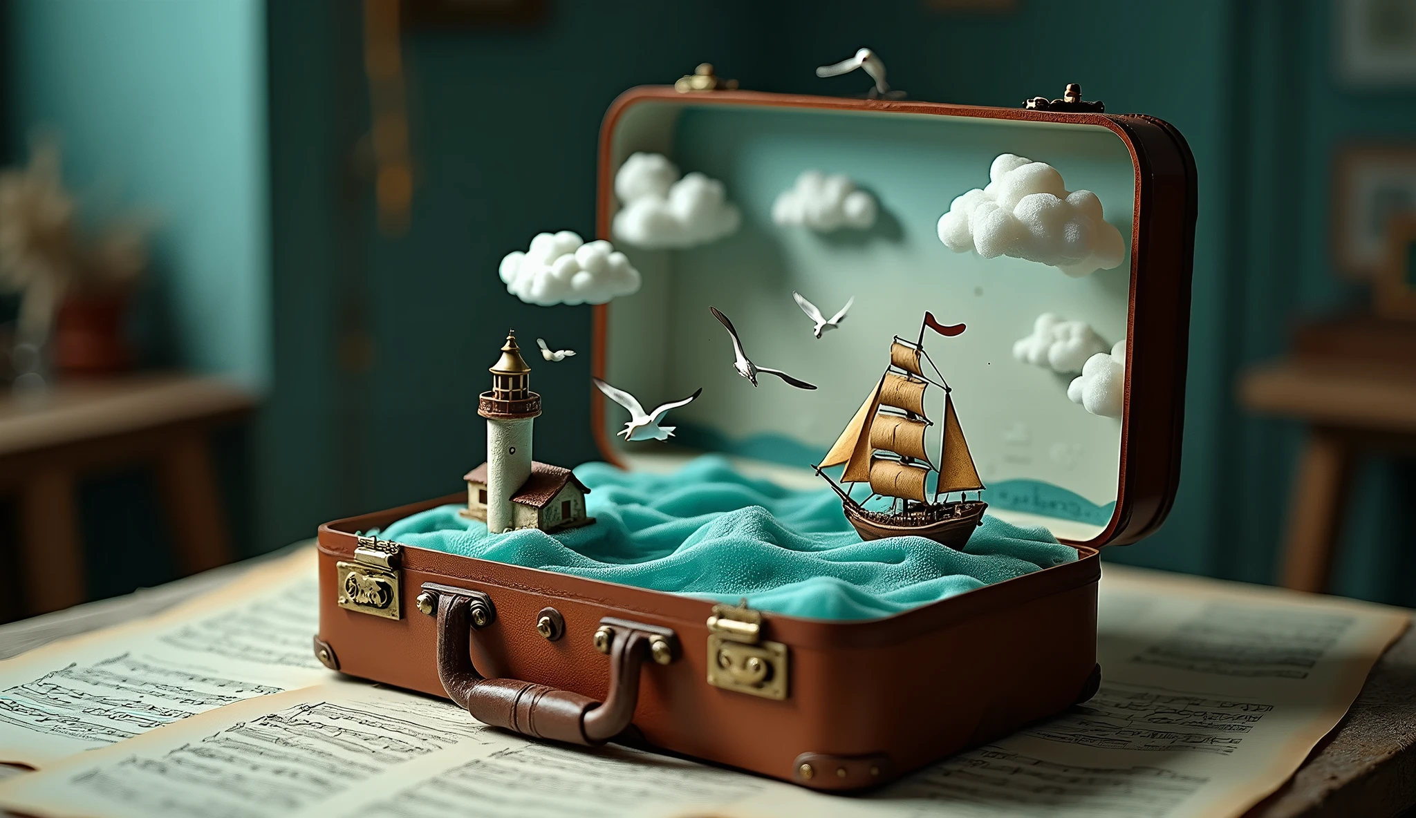 (Surreal photography:1.4) of a miniature seascape, with lighthouses and sailing ship, inside an open vintage suitcase, (underwater scene visible:1.3), dramatic clouds and seagulls, centered composition, on a table with sheet music, moody lighting, shot from a slight high angle, on a Canon EOS R5 with a 24-70mm f/2.8 lens at f/8, (high dynamic range:1.3), (teal and orange color grading:1.2), in the style of (Erik Johansson:1.4) and (Vladimir Kush:1.3)
